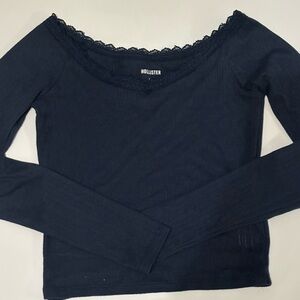 Hollister Women's Dark Blue Lace Long Sleeve Top